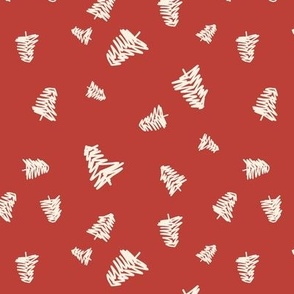 Tossed Christmas Trees in Pine Tree Line Art on Bright Crimson Red