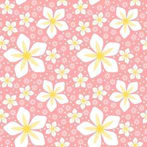 White Hibiscus and Pink Daisies on Pink Background Medium Scale