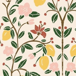 worn out botanical Block print  inspired lemon tree citrus groove on beige (S)