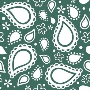 Medium Scale Playful Paisley Bandana White on Pine Green