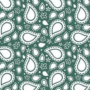 Small Scale Playful Paisley Bandana White on Pine Green