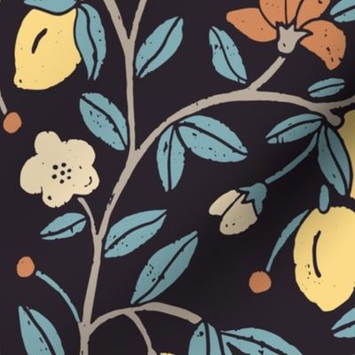 worn out distressed Block print  inspired lemon tree -citrus and flowers on black (L)