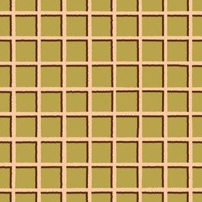 Hand drawn lattice in cream and olive green geometric grid repeat pattern for fashion design