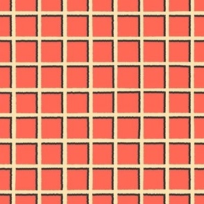 Hand drawn lattice red and cream grid paper repeat pattern for fashion and wallpaper