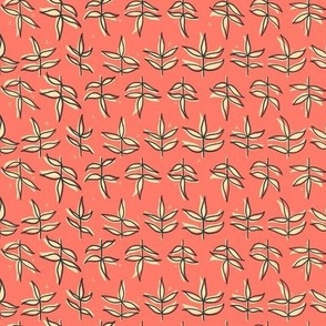 Botanical leaves in cream color leaves on red textile design 