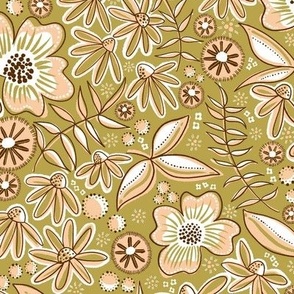 Fall flowers in earthtone colours in repeat pattern of a meadow in bloom.