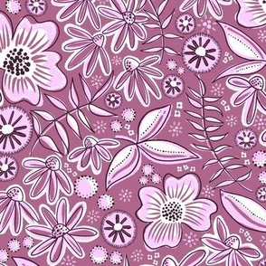 Organic flowers in bold tonal botanical print in fabric repeat colour in purple