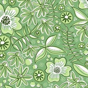 Organic flowers in botanical fabric design in bold green tonal hues