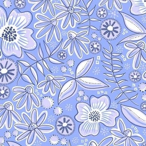 Flowers in light blue and pale blue botanical print in repeat pattern fabric design