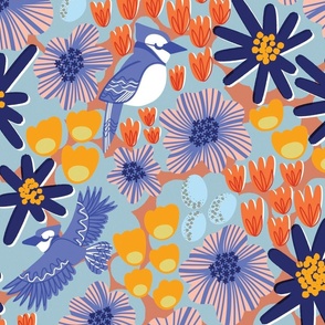 Whimsical Blue Jay Garden: Multi-Color Nature Large Scale Pattern