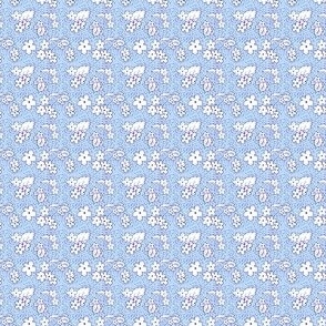 1:12 scale Dollhouse white flowers with dots in blue for dollhouse fabric, wallpaper, and miniature decor