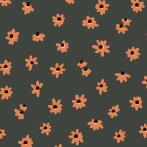 Tiny Blooms - Sienna brown small flowers on charcoal grey