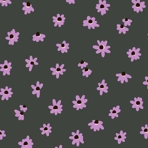 Tiny Blooms - Cool purple flowers on charcoal grey pattern