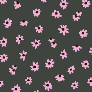 Tiny Blooms - Small pink flowers on charcoal grey repeat pattern