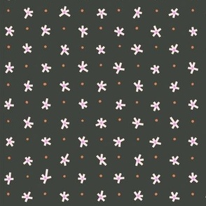 Dainty Blossoms - Tiny retro mod daisies in white and charcoal repeat pattern