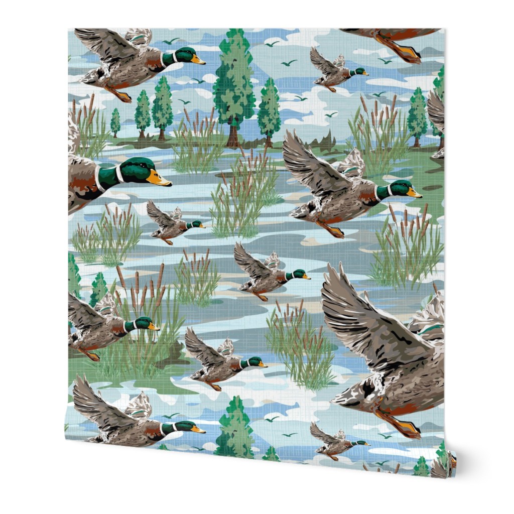 Flying Mallard Birds Migrating Ducks, Lakeside Migration Scene, Emerald Green Bird Feathers, Freshwater Bulrush Riverbed, Lakeside Wildlife Landscape, Modern Cottage Core Comfort, Wild Bird Illustration, Contemporary Lake Life Escape, Wild Ducks Flying