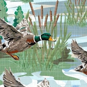 Flying Mallard Birds Migrating Ducks, Lakeside Migration Scene, Emerald Green Bird Feathers, Freshwater Bulrush Riverbed (Large Scale)