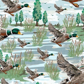 Wild Game Birds Flying Mallard Ducks Migrating, Riverside Migration Scene, Emerald Green Bird Feathers, Freshwater Cattails Riverbed, Large Scale