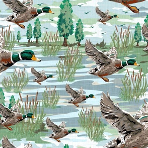 Wild Game Flying Mallard Duck Birds Migrating, Riverside Migration Scene, Emerald Green Bird Feathers, Freshwater Bulrush Riverbed