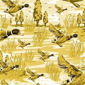 Traditional Mustard Yellow Monochrome Toile, Flying Birds Toile De Jouy, Migrating Mallard Ducks in Flight, Riverside Migration Scene, Freshwater Bulrush Riverbed