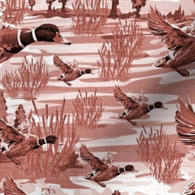 Traditional Flying Birds Toile De Jouy, Chocolate Brown Monochrome Toile, Migrating Mallard Ducks in Flight, Riverside Migration Scene, Freshwater Bulrush Riverbed