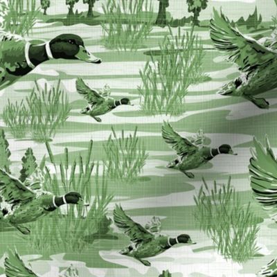 Modern Greens Monochrome Toile, Flying Birds Toile De Jouy, Migrating Mallard Ducks in Flight, Riverside Migration Scene, Freshwater Bulrush Riverbed (Large Scale)