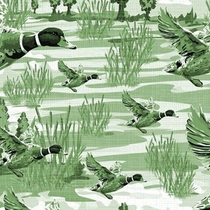 Modern Greens Monochrome Toile, Flying Birds Toile De Jouy, Migrating Mallard Ducks in Flight, Riverside Migration Scene, Freshwater Bulrush Riverbed (Large Scale)