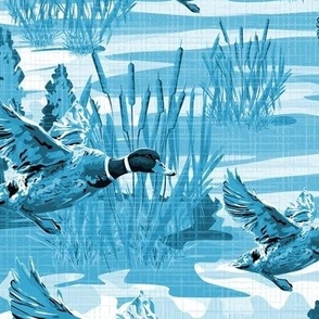 Riverside Blue Birds Migrating Toile, Flying Mallard Duck Toile De Jouy, Freshwater Migration Scene, Bulrush Riverbed