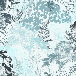 Modern Botanical Abstract, Blue & White Birds and Ferns, Coastal, Medium 