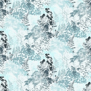 Modern Botanical Abstract, Blue & White Birds and Ferns, Coastal, Small 