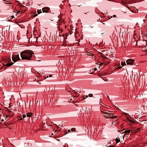 Raspberry Red Flying Birds Migrating Toile, Mallard Ducks in Flight, Riverside Toile De Jouy Migration Scene, Freshwater Bulrush Riverbed