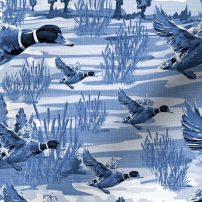 Blue Ink Navy Monochrome Toile, Flying Ducks Toile De Jouy, Migrating Mallard Birds in Flight, Riverside Migration Scene, Freshwater Bulrush Riverbed