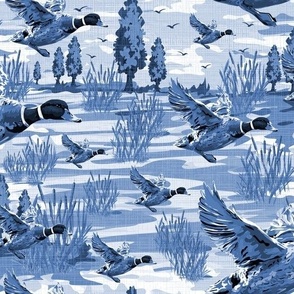 Blue Ink Navy Monochrome Toile, Flying Ducks Toile De Jouy, Migrating Mallard Birds in Flight, Riverside Migration Scene, Freshwater Bulrush Riverbed