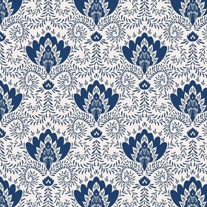 Moroccan floral damask style pattern- navy blue and white //Medium scale