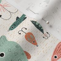 Lakeside Cabin Fishing Lures on Textured Linen Background