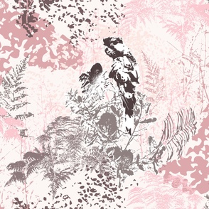Modern Botanical Abstract, Pink & White Birds and Ferns, Coastal, Medium 