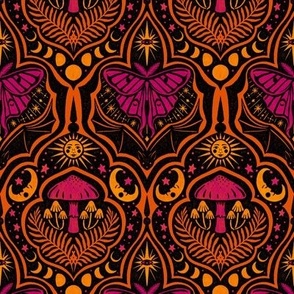 Gothic  Nature Damask - small - black, orange, magenta, and gold 