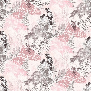 Modern Botanical Abstract, Pink & White Birds and Ferns, Coastal, small