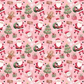 Cute watercolor santa with friends Christmas fabric pink tiny scale