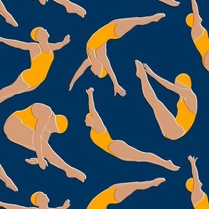 Medium - Mid Mod Divers - yellow swimsuits on dark blue - women diving swimmers swimming sea summer sacation pool sport sports splash athletic swim water beach nautical coastal lake life