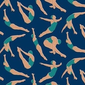 Small - Mid Mod Divers - light teal green swimsuits on dark blue - women diving swimmers swimming sea summer sacation pool sport sports splash athletic swim water beach nautical coastal lake life