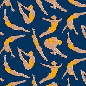 Small - Mid Mod Divers - yellow swimsuits on dark blue - women diving swimmers swimming sea summer sacation pool sport sports splash athletic swim water beach nautical coastal lake life