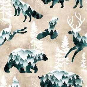 Small Scale / Wilderness Snowy Woodland Animals / Cream Linen Textured Background