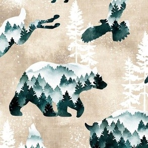 Medium Scale / Wilderness Snowy Woodland Animals / Cream Linen Textured Background