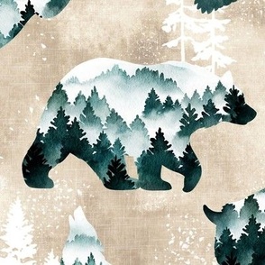 Large Scale / Wilderness Snowy Woodland Animals / Cream Linen Textured Background