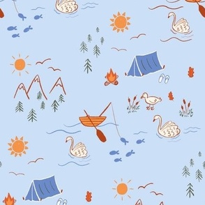 Outdoorsy 9 inch blue lake life illustrations with swans, boats, mountains and camping. Perfect for baby boy wallpaper