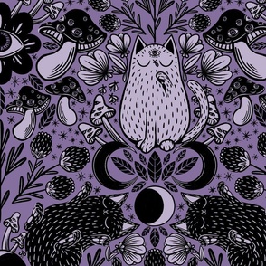 Whimsical gothic cats and mushrooms - big scale - lilac