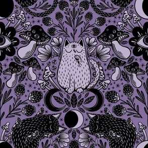Whimsical gothic cats and mushrooms - mid scale - lilac