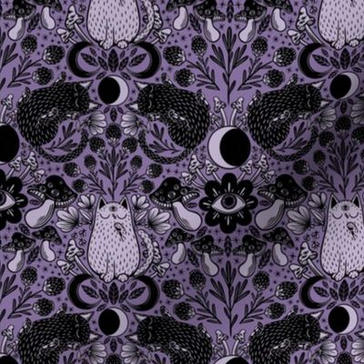 Whimsical gothic cats and mushrooms - mini scale lilac