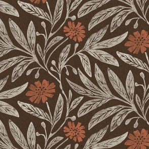 Vintage floral_daisy print_dark brown and red